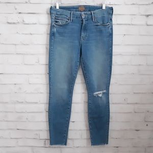 Mother Looker Ankle Fray Blue Love Gun Distressed Raw Hem Jeans